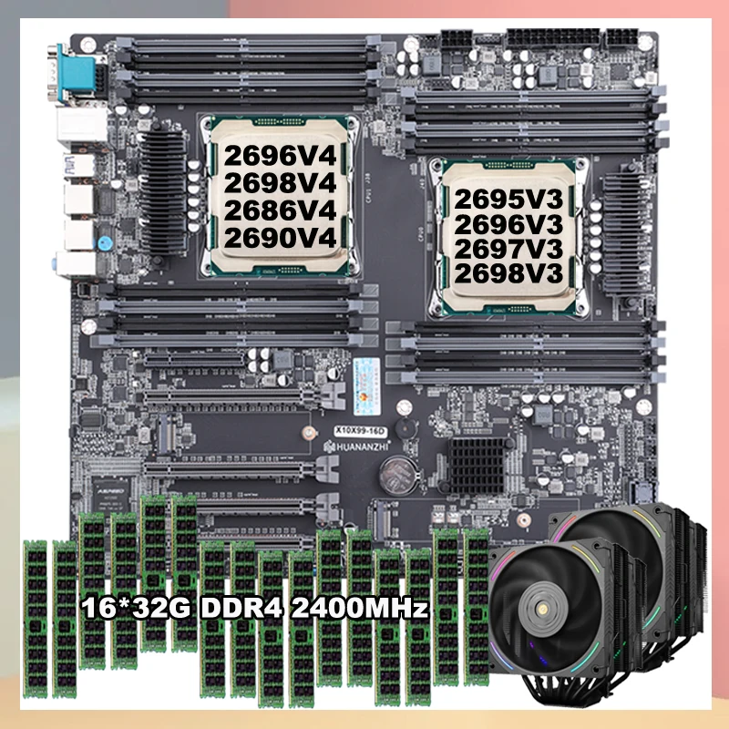 X99-16D Duálna základná doska CPU 2*E5 V3 a V4 CPU 2696 2699 V4 2678 V3 16*32G RAM 2*7 Heatpipes RGB Cooler Workstation Server Gaming