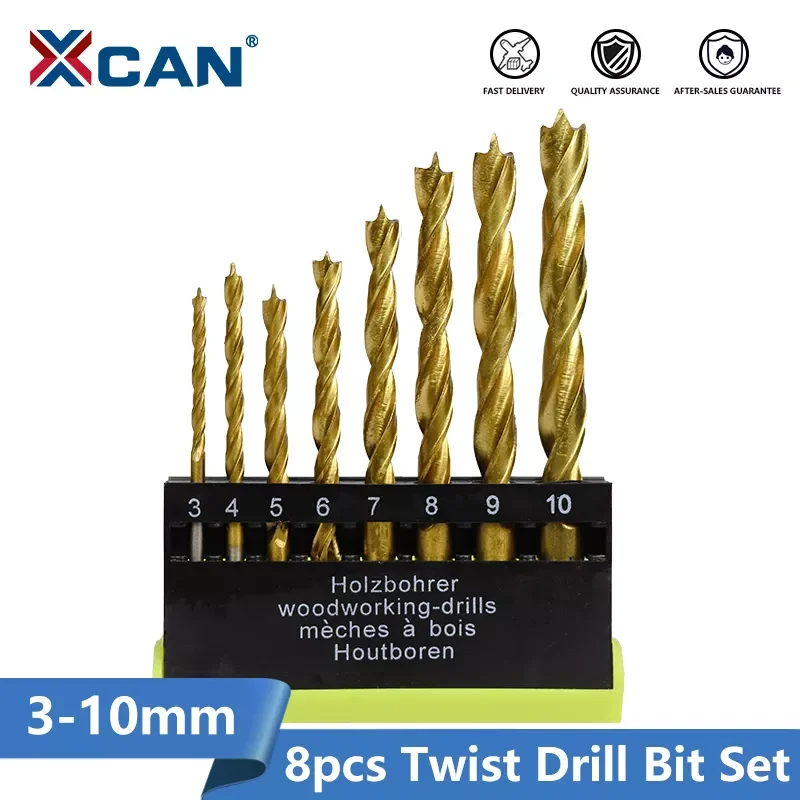 Xcan 8pcs 3 flauta Twist Dril Bit Set 3-10 mm Brad Point DRILL Bit Titanium potiahnuté drevené kovové vŕtacie náradie