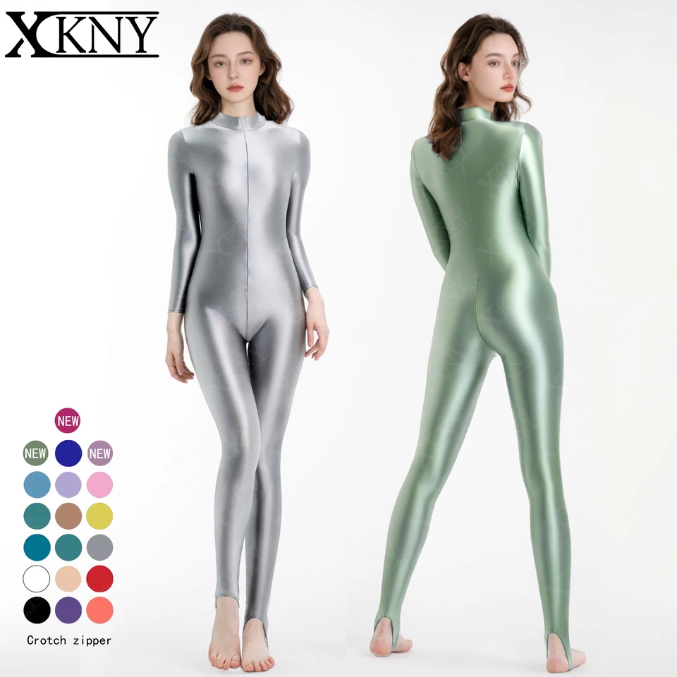 XCKNY Glossiness Series Series Bodysuit Oil High Crck Dlhý rukáv Celé telo Tesné nohavice Dvojitý koniec Zipper hodvábny saténový lesklý trikot