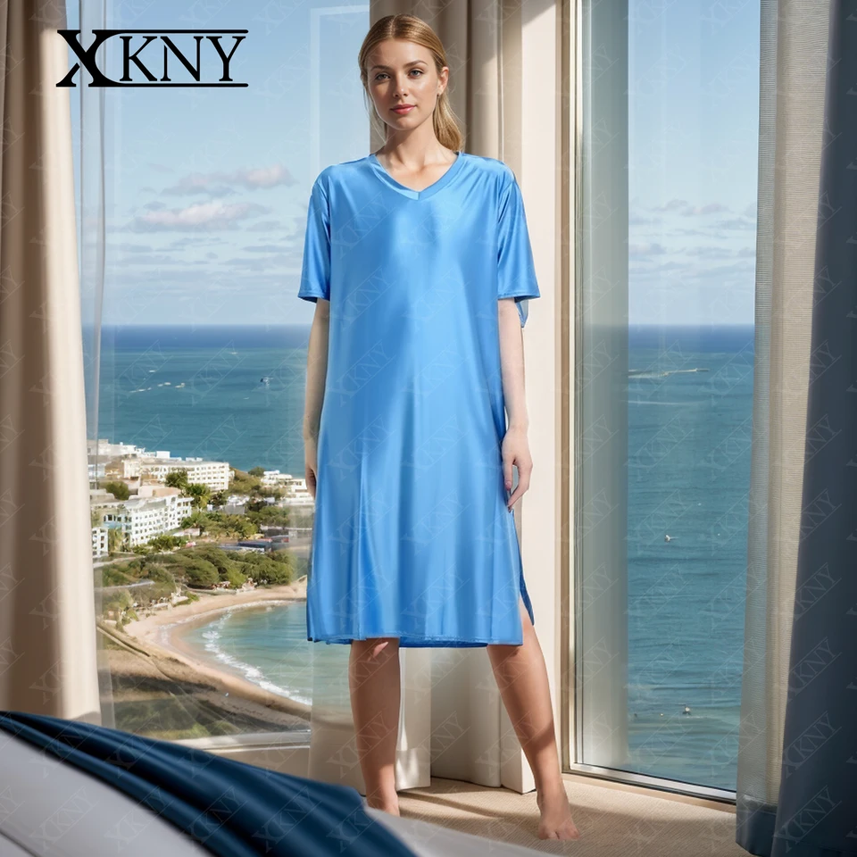 XCKNY Glossiness Series Series Sladko s krátkym rukávom voľné priliehavé oblečenie pyžamy V-krk saténové lesklé lesklé šaty na dobrú noc