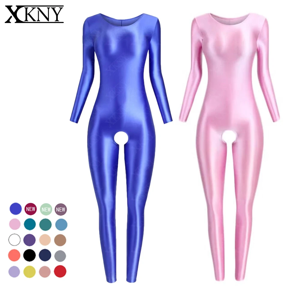 XCKNY Glossiness Series Serity Oil Louch Brck Dlhý rukáv zentai saténové lesklé telesné joga kombinézy Unisex otvorené rozkrokové nohavice