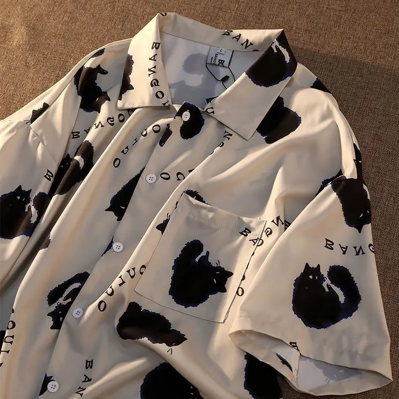 Xej mačka graffiti košeľa Street Style Crop Top Women Dámske letné dámske košele 2022