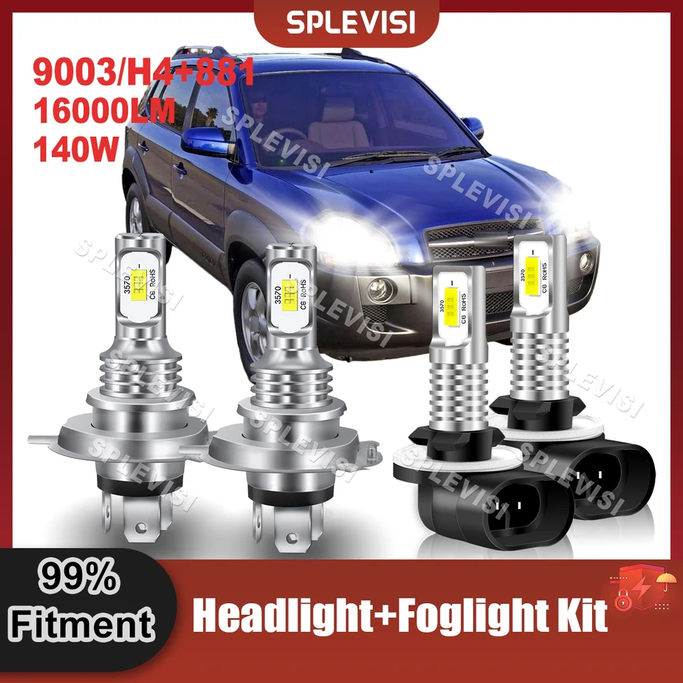 Xenon White LED svetlomet H4/9003 Vysoký nízky lúč+881 FogLamp kompatibilný pre Hyundai Tucson 2005 2006 2007 2008 2009