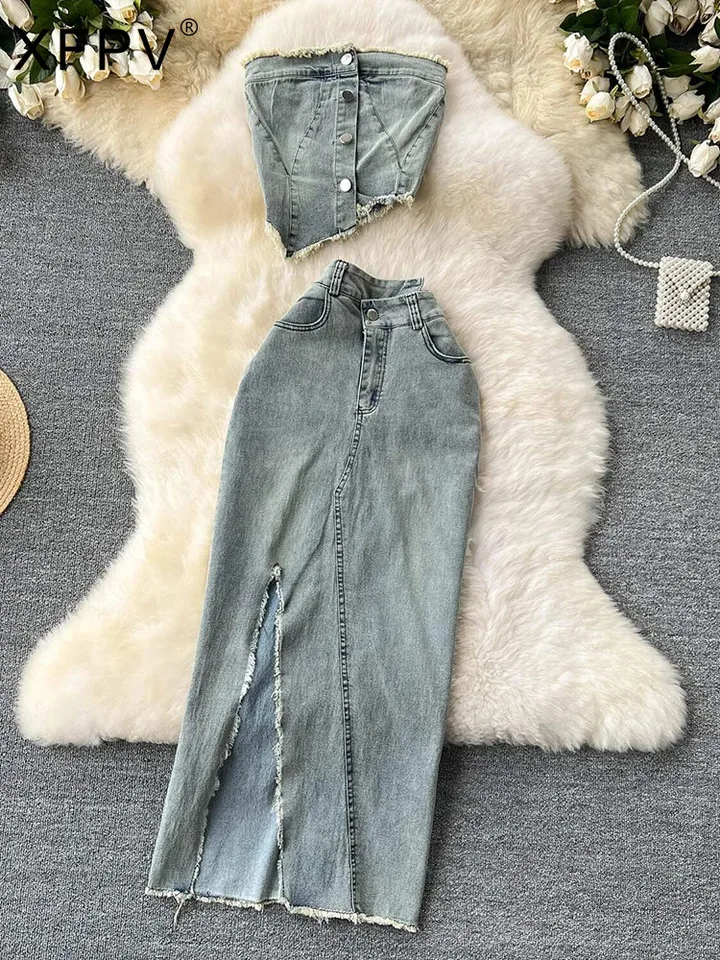 XFPV 2025 Summer Streetwear Nepravidelný dizajn Denim Dvojdielny set bez ramienok RUCHED