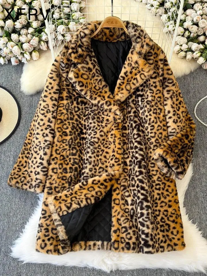 XFPV Dámska leopardová tlaková patchwork Cor Cor Corl Long Ruckves Single Breasted Contras Color Coats 2025 Wintre nový SM12016