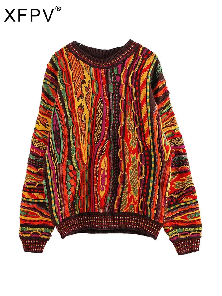 XFPV Sladký pruh s dlhým rukávom voľný multicolor Loose Pullover o Sveter na krk pre ženy Y2K Kórejský módny príliv jeseň 2025 SM114