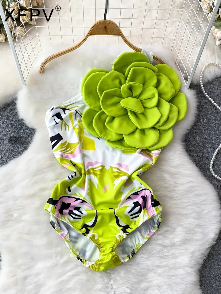 XFPV Ženy 3D kvetinové rukávy bez rukávov šikmé krk z ramena jeden kus plavky Slim Romper Fashion Tide Spring Jeseň 2025 SM9022