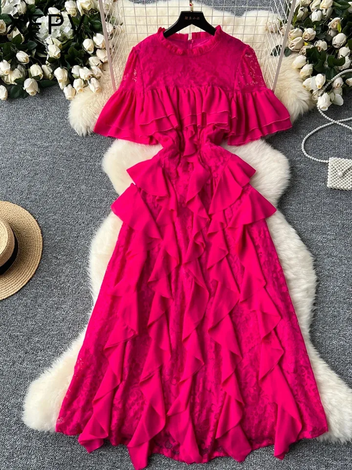 XFPV Ženy zostrihané okrúhly krk rozšírené rukávy s vysokým pásom štíhle čipky Lotus Leaf Edge Dress Vestidos y2k módne jar leto 2025