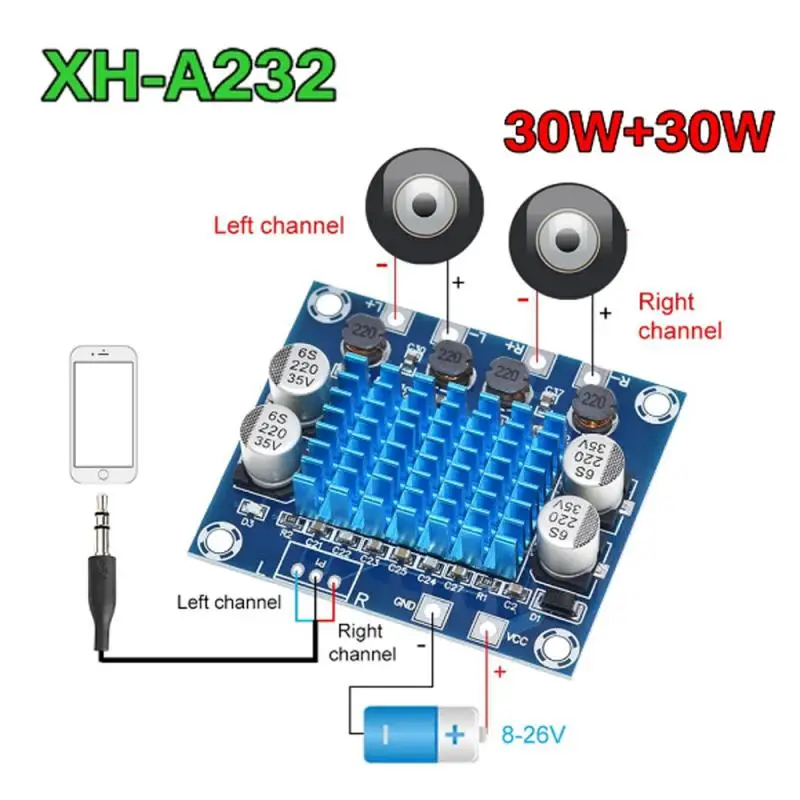 XH-A232 30W+30W 2.0 Digitálny stereofónny audio výkonový zosilňovač MP3 zosilňovač MODUL DC 8-26V 3A