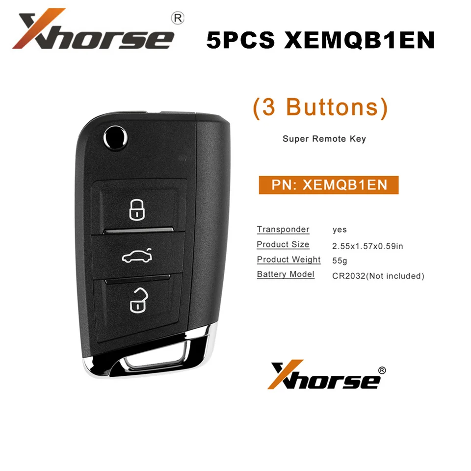 Xhorse xemqb1en super diaľkový kľúče MQB Style 3 Buttors Super Super Chip 5ks/veľa