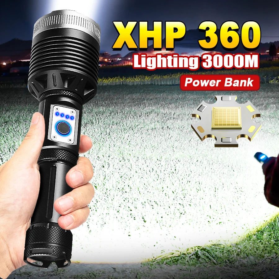 XHP360 Ultra výkonná LED baterka High -Power USB Nabíjateľná pochodeň Super silná veľká clona taktické flash svetlá núdza