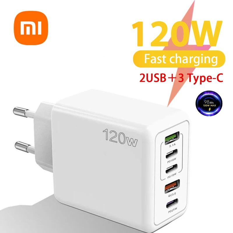 Xiaomi 120W Super Fast Charger Multi 5 Ports 3.0 USB C PD Phone Nabíjačka vysokorýchlostné nabíjanie pre iPhone Xiaomi Samsung EU US Plug