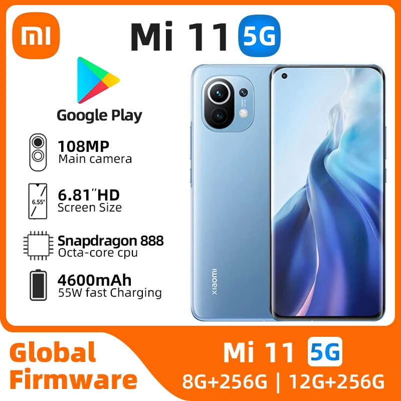 Xiaomi Mi 11 Android 5G odomknutý 6,81 palca 12 GB RAM 256 GB ROM Snapdragon 888 Všetky farby v dobrom stave Použitý telefón