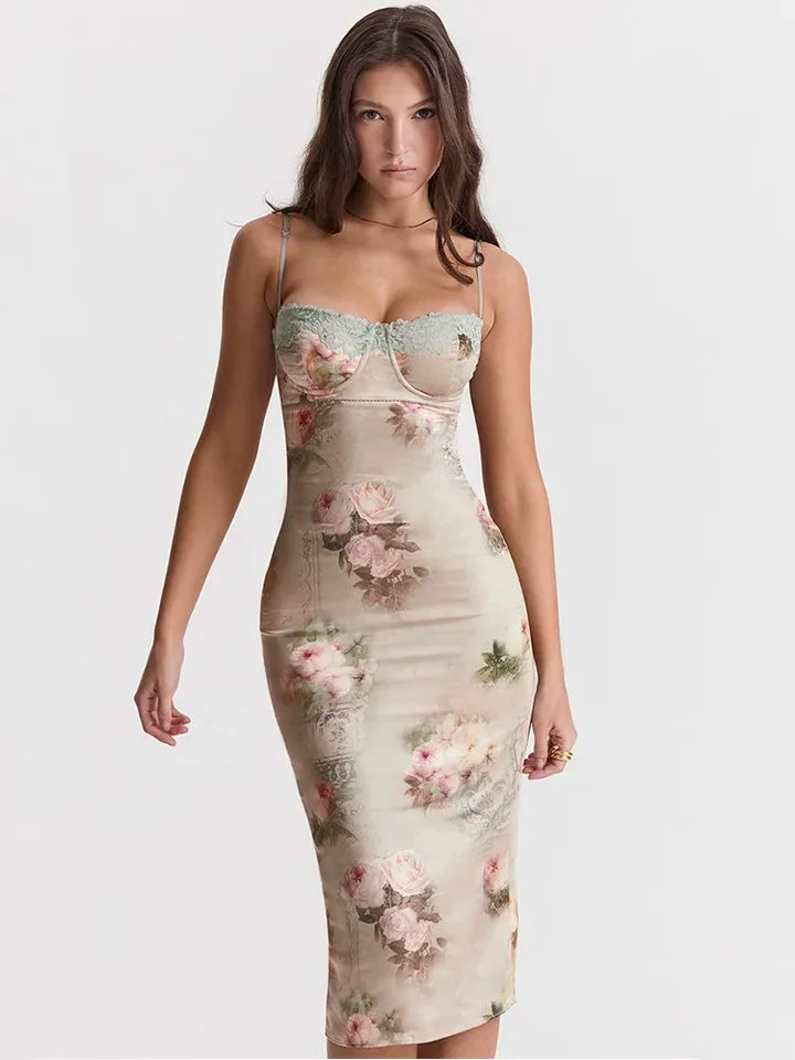 Xiaotang špagety špagety čipky s čipkou tlačidlá midi šaty pre ženy rúch bez prasknutí bez spätného pása Bodycon Club Party dlhé šaty
