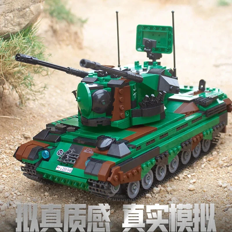 Xibngbao 06045 Nemecko WW2 Gepard Hlavný bitkový tank Model Model Vojenské obrnené vozidlá série DIY Hračky Building Blocks Darček pre chlapcov
