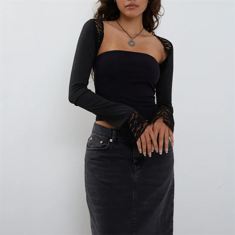 Xingqing Lace Crop Top Y2K oblečenie Ženy Vidíte cez masívne farebné topánky + s dlhým rukávom Bolero pokrčené jesenné oblečenie Streetwear