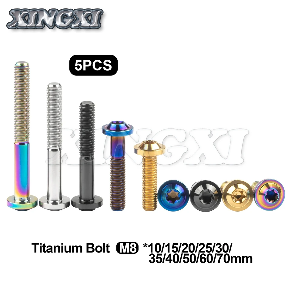 Xingxi 5ks M8 Ti Titánske skrutky M8x10 15 20 25 30 35 40 50 60 70 mm T40 Torx Screck Screces skrutkovačka Titánový upevňovače 5 Farba 5