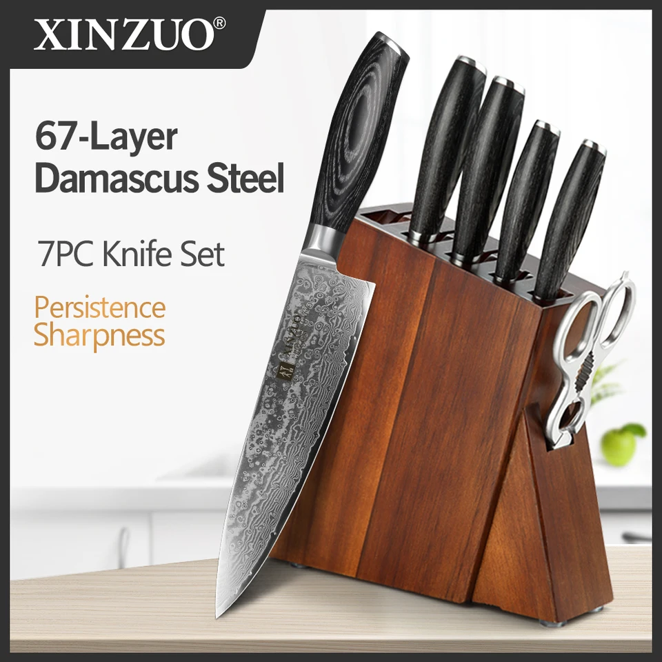Xinzuo 7ks Nožá súpravy Damascus Steel Pakka Drevené rukoväť Multifunkčný šéfkuchár Santoku Knife Block Kitchenware Coaring Tools