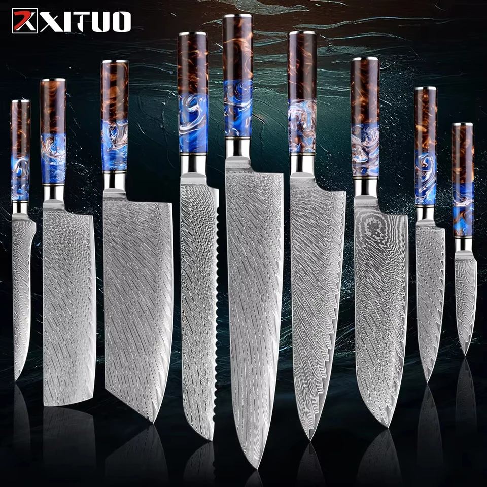 Xituo Vysoko kvalitný damascus kuchynský nôž 1 ~ 9ks set Profesionálny šéfkuchár Knife Hotel Domácne krájanie noža Nádherná rukoväť živice