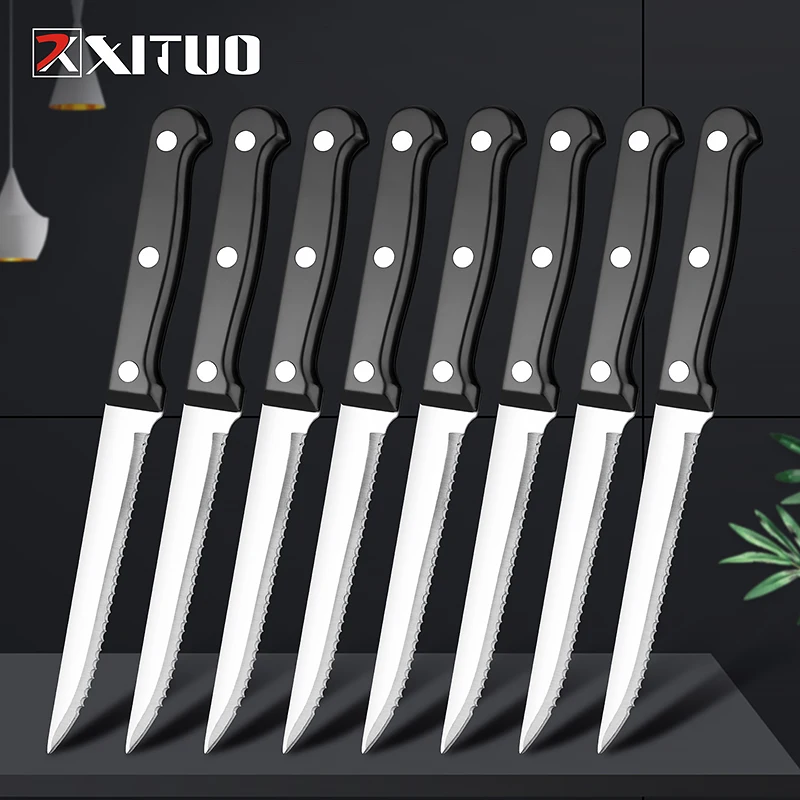 Xituo z nehrdzavejúcej ocele Steak Nôž súprava 6-12pc Full Tang Rukoväť ostré zúbkované vonkajšie grilovanie nôž pre rezané mäso, chlieb, steak, nízka cena