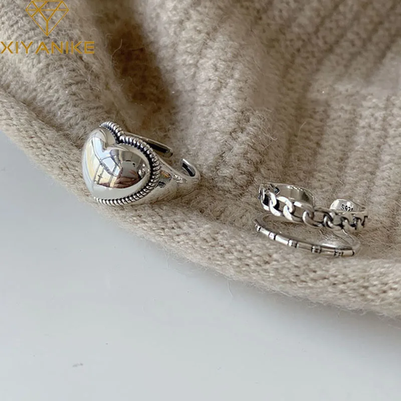XIYANIKE PREČÍTAŤ ALLEGICKÉ STRIEBNÉ FARBY RINGS VINTAGE Simple Love Chain Finger Šperky pre ženy pár večierkových doplnkov