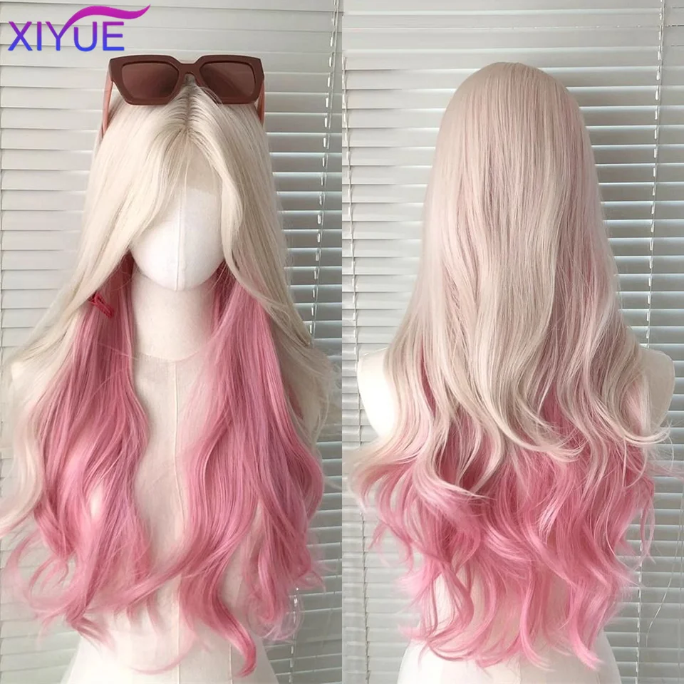Xiyue Long Natural Wavy Platinum Blonde Pink Parochne s Bangs Cosplay Party Lolita Syntetické parochne pre ženy