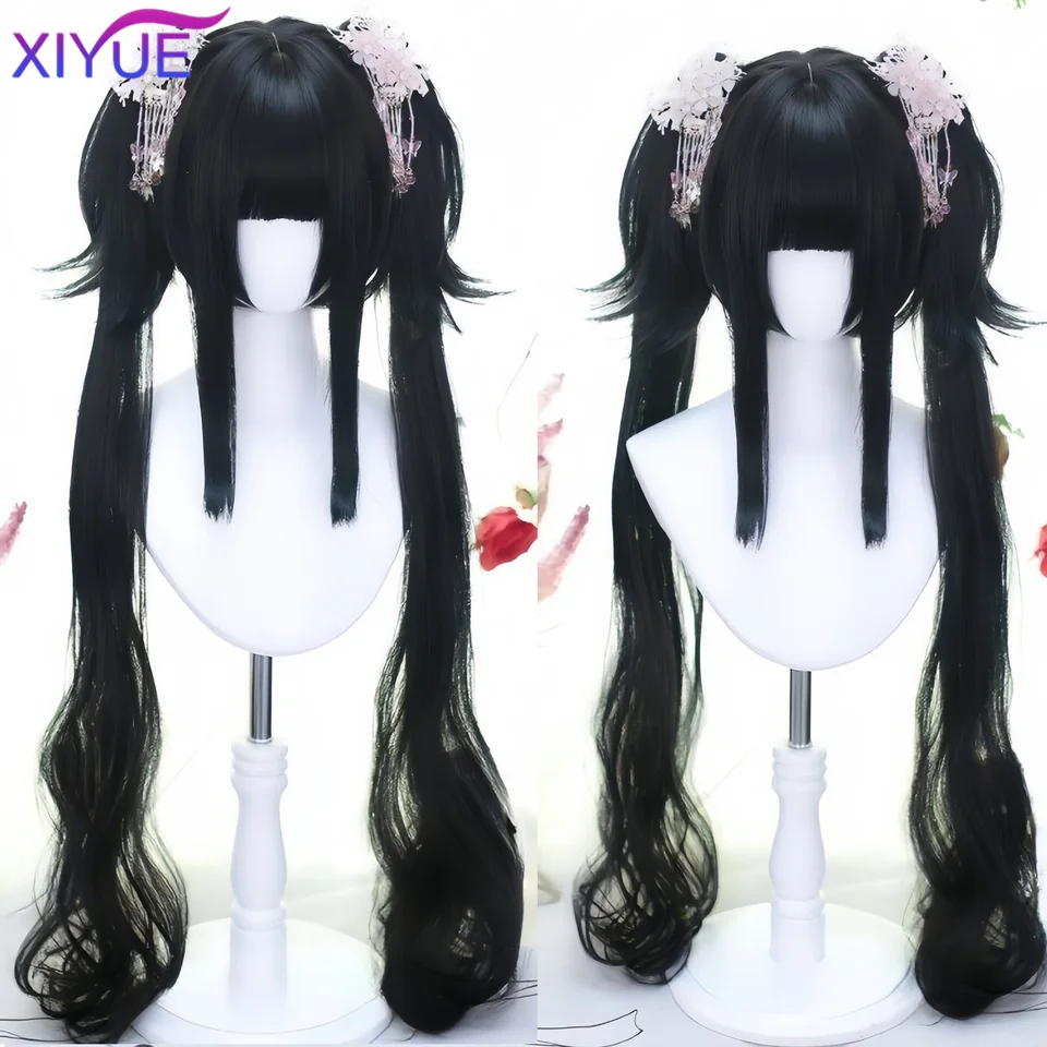 Xiyue Syntetická čierna parochňa s dlhým copom krátkou rovnou parochňou Lolita Cosplay Party Harajuku Blonde Parochňa s ranami pre ženy