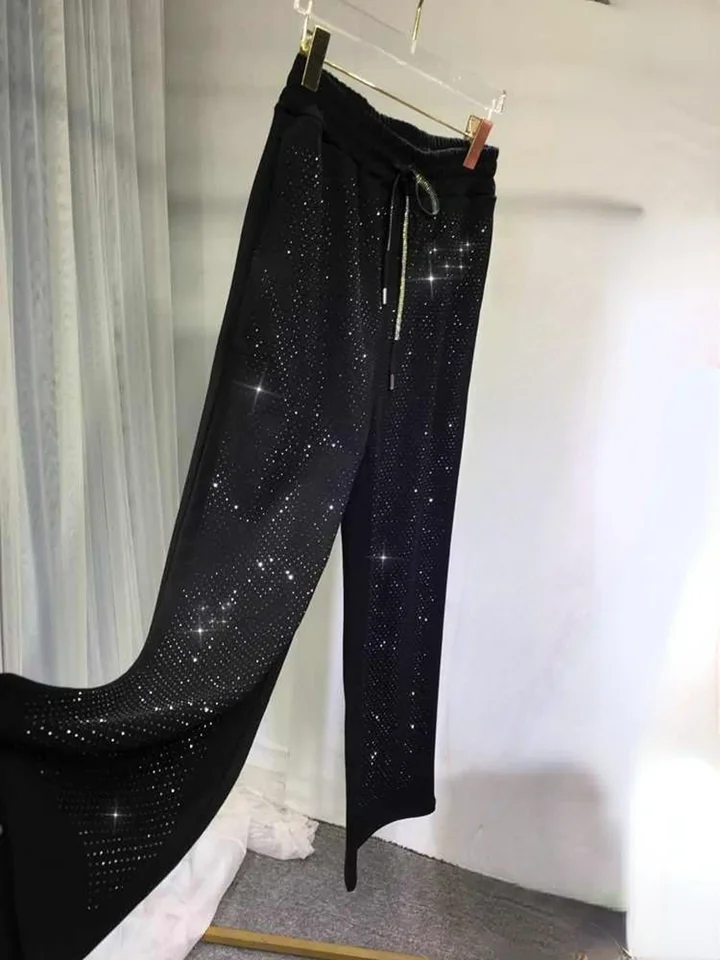 XL-4XL Plus Women Dámske oblečenie Sparking kamhienok voľný značka Dámske nohavice Čierny elastický pás Luxusný dámske odevy plus veľkosti