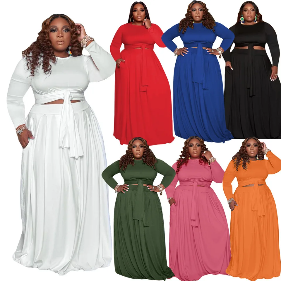 XL-5XL Fall 2024 Plus veľkosť dámske oblečenie sukňa s dvoma kusmi o krk s dlhým rukávom s dlhým obväzom dámou outfits kvapky