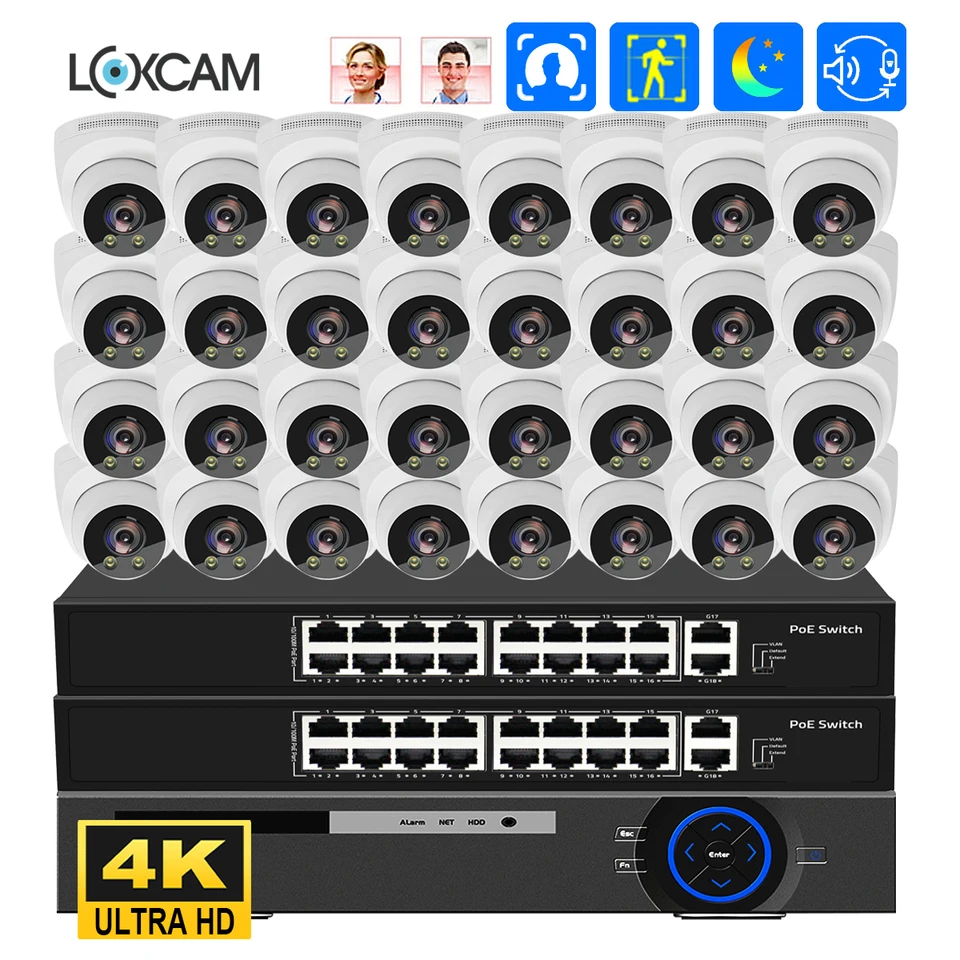 XMEYE 32Ch 8MP 4K INDOOR DOOM Poe Security Camera Systém Full Color Night CCTV Video Durveillance NVR Kit Tri Way Audio Onvif