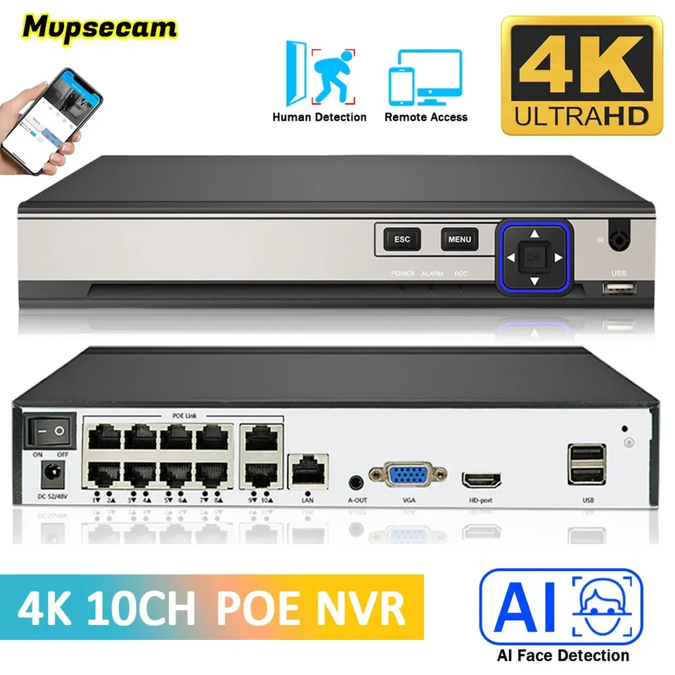 XMEYE 4K 10CH Poe NVR 10Channel Video rekordér pre 48V Poe 8MP 5MP bezpečnostné sledovanie IP Camera Detection Detection Audio Out P2P