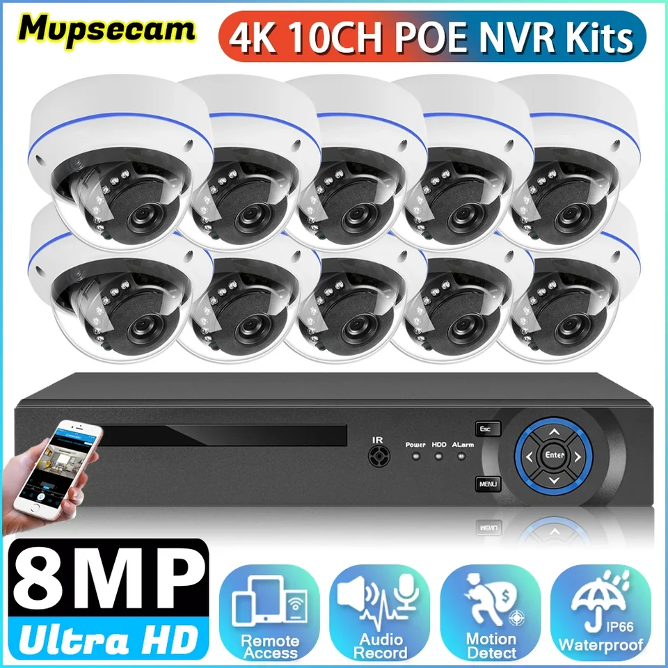 XMEYE CCTV Security Camera System, 8MP 4K Video Dozorná súprava, Vonkajšie nepremokavé IP kamery, Poe NVR súprava, IR Night Vision