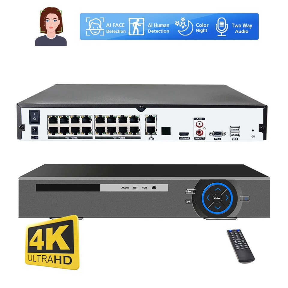 XMEYE H.265 16Channel 4K Poe NVR 8MP AI Face rozpoznávanie AI Human Network Video Recorder pre bezpečnostný IP fotoaparát systém HDMI