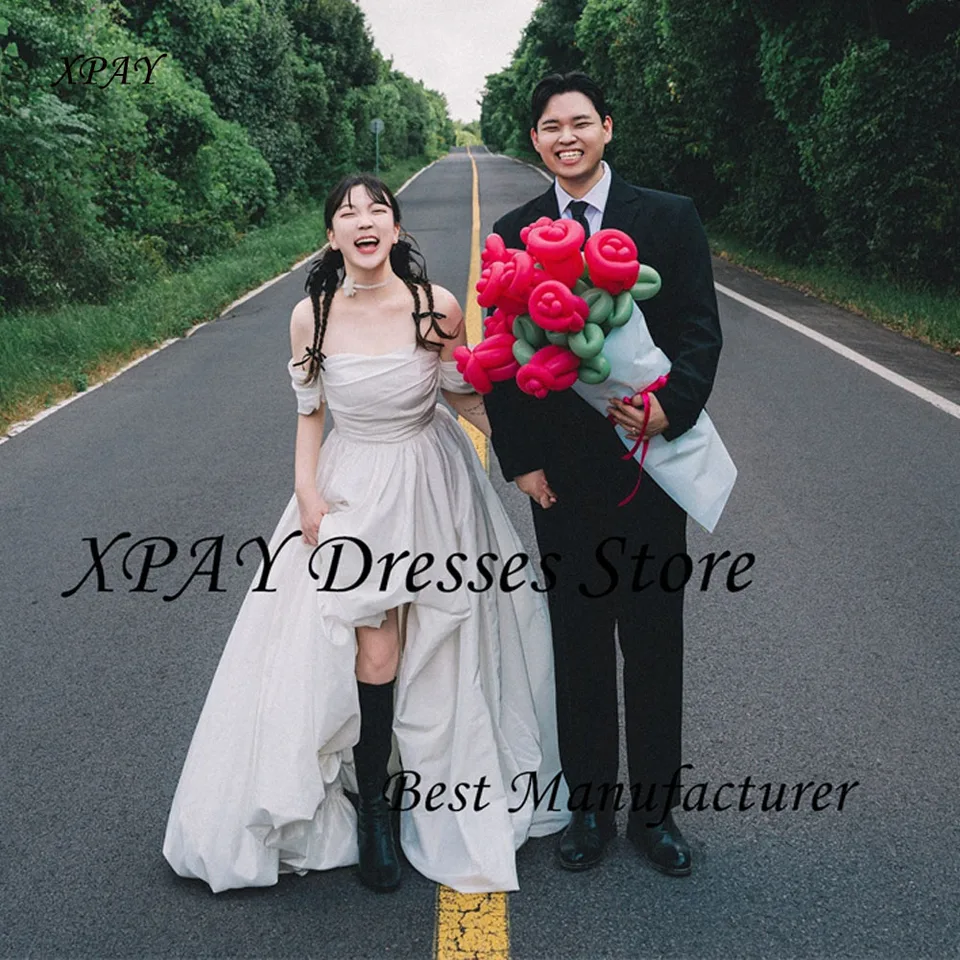 Xpay elegantné hodvábne taffeta a linka svadobné šaty Kórea Foto natáčanie krátkych rukávov Country Svadobné šaty Korzet späť prispôsobený prispôsobený