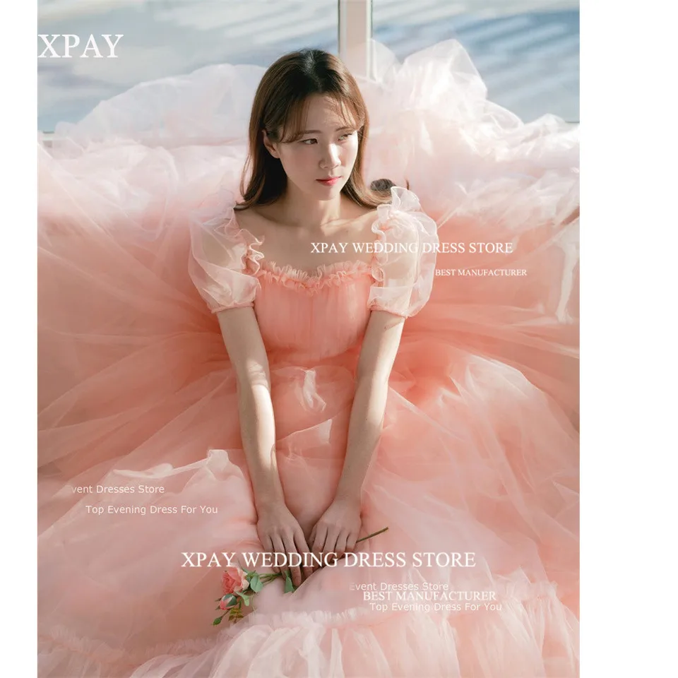 XPay Fairy Blush Pink Tulle Prom sa oblieka Kórea Prispôsobené Puff krátke rukávy Korzet šnuruje šnurovanie