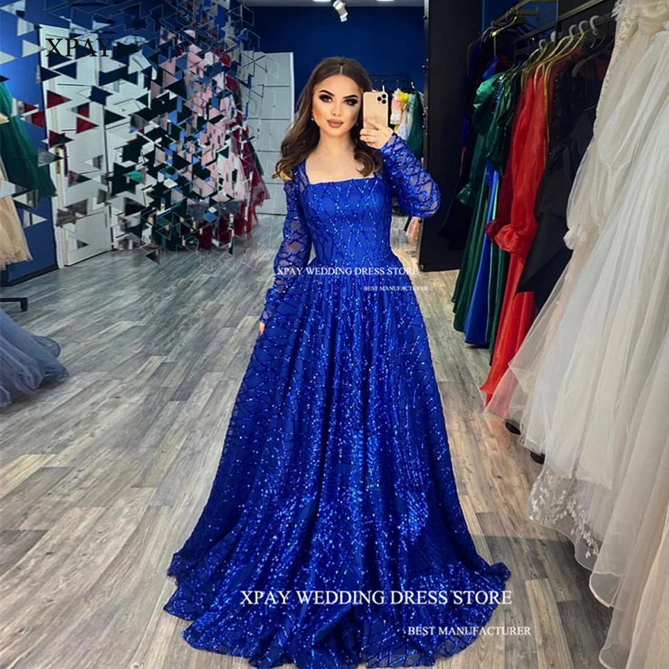 XPay Glitter Royal Modré večerné šaty s dlhými rukávmi štvorcová dĺžka krku dĺžka dubaj arabské ženy formálne plesové šaty