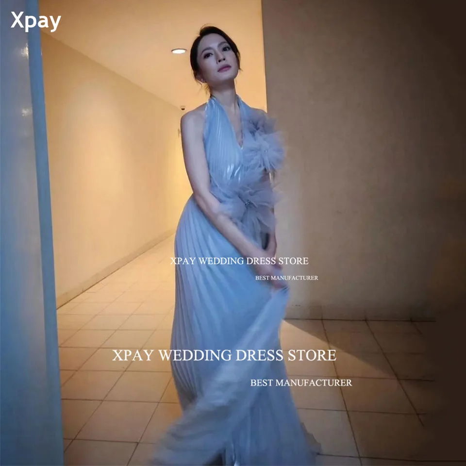 Xpay halter v krk píp organza korea večerné šaty lesklé 3D kvety formálne večierky plesové šaty prispôsobené svadobné fotografovanie