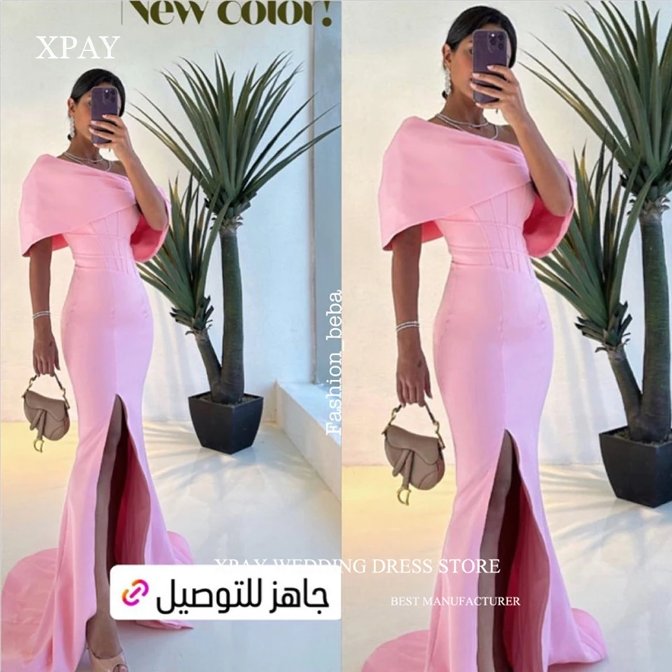 XPay Vintage Pink Mermaid Večerné šaty Saudské arabské ženy prispôsobené z ramena Split Stretch Prom Gowns Formálne párty šaty