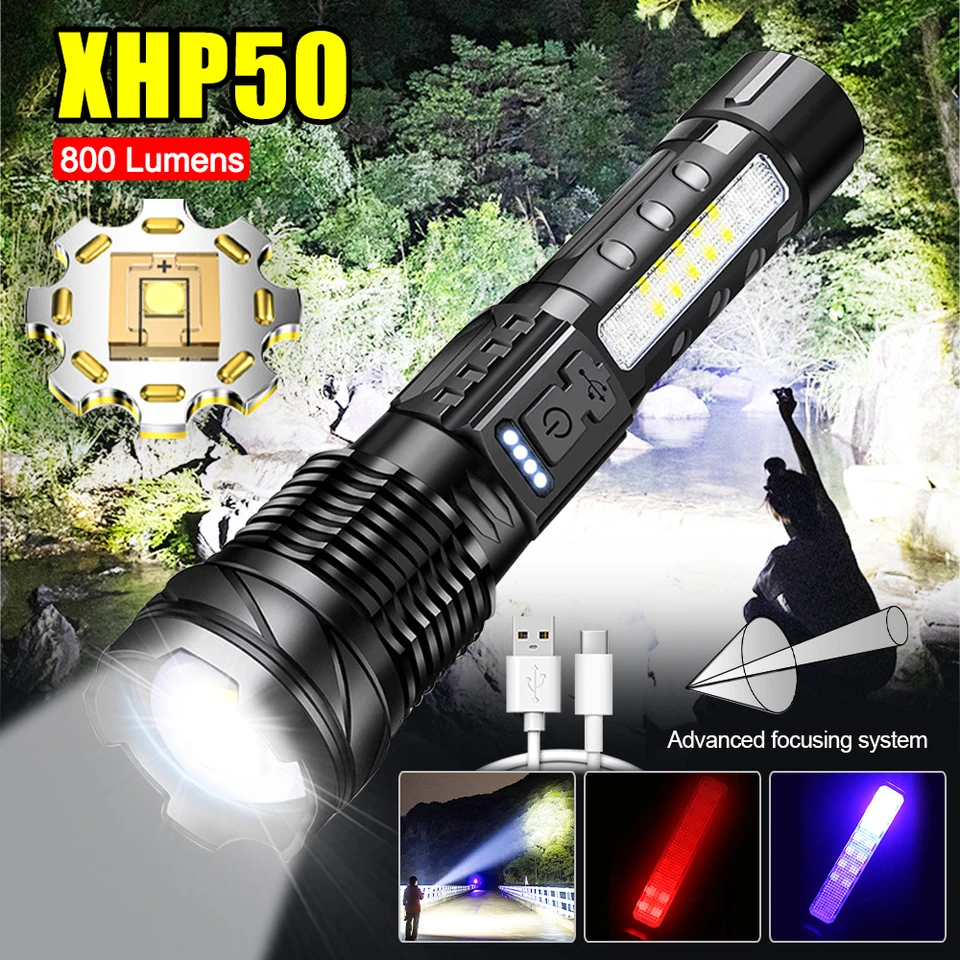 XPH50led Teleskopický zoom nabíjanie USB nabíjanie vonkajšieho vreckového počítača taktické biele červené modré baterku núdzové bleskové lampy dlhé výstrely 1500 m