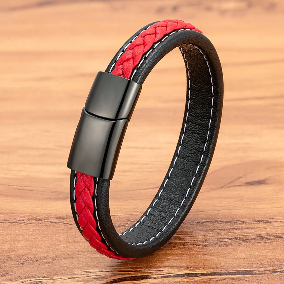 XQNI Black & Red Braided Lano Roather Náramok mužov z nehrdzavejúcej ocele kúzlo šperky pre priateľka pár narodenín Nový rok darček