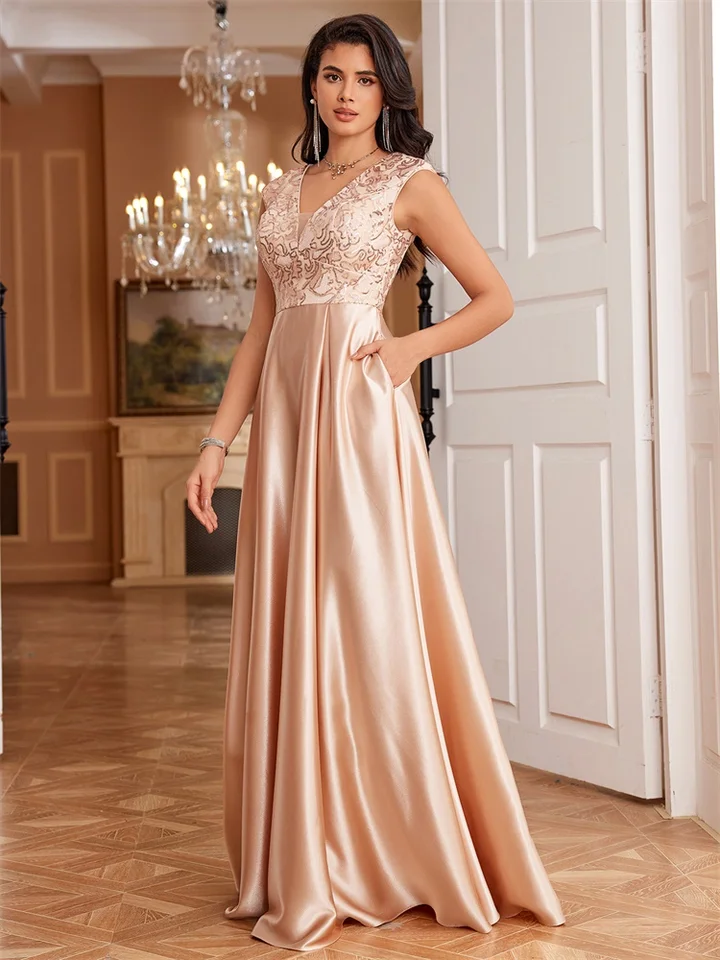 Xuibol New Luxury Gold Satin Deep V-krk formálne večerné šaty Ženy Dlhé elegantné flitry párty Prom kokteilové šaty šaty