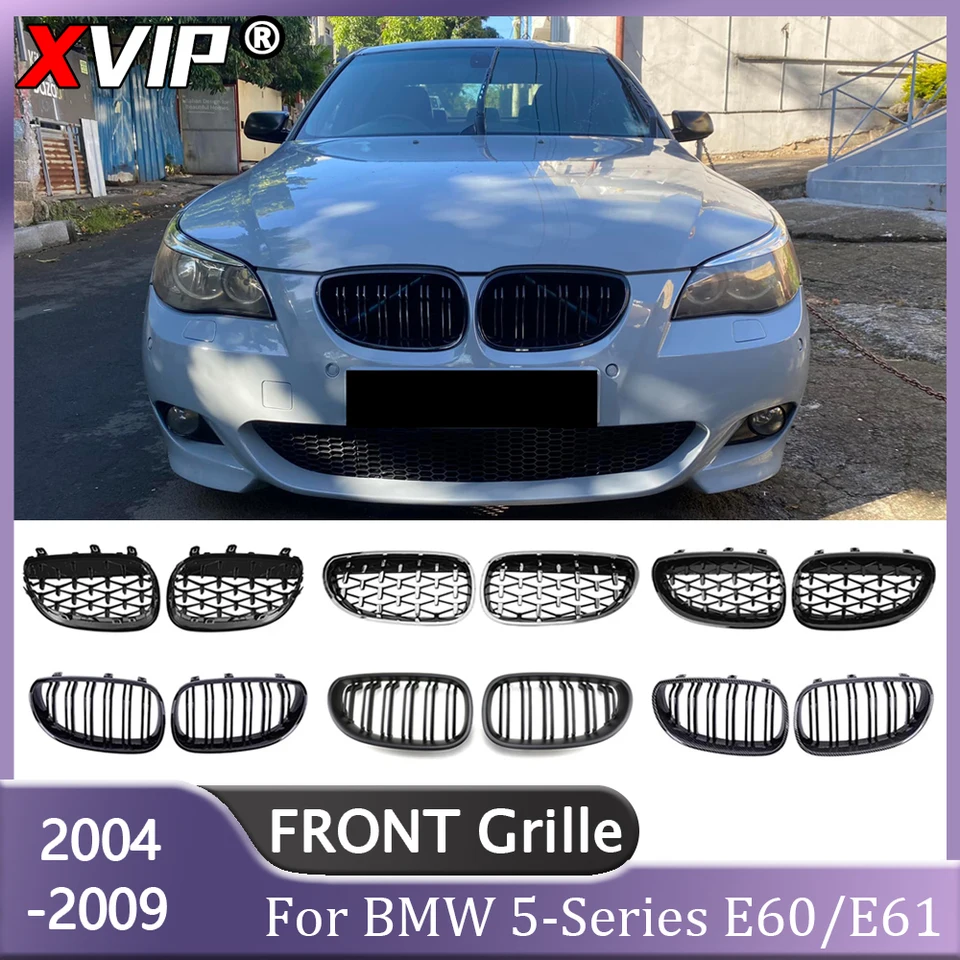XVIP Chrome Silver Diamonds Diamonds predný nárazník pre mriežky pre BMW 5-série E60 E61 M5 325I 2004-2009 Horný gril uhlíka Dvojitý gril