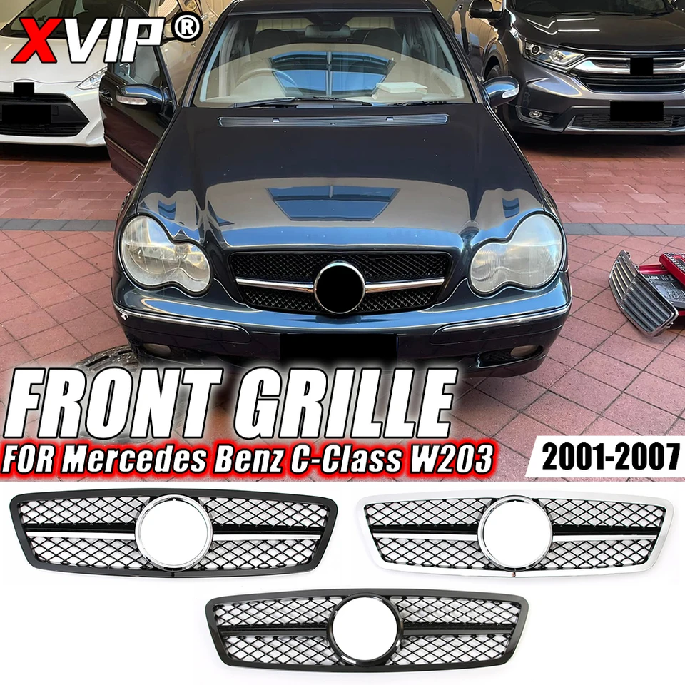 XVIP Chrome Silver Diamonds Diamonds Racing Grille pre Mercedes Benz C W203 2001-2007 C200 C240 ​​C280 Sport AMG Bumper Grilles Grilles