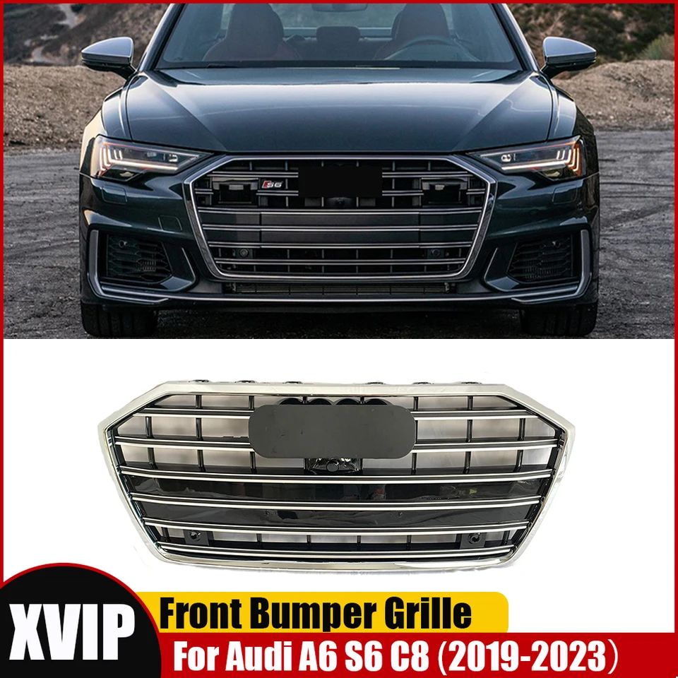 XVIP Chrome Silver Radiator Grill Racing Grills pre Audi A6 S6 C8 2019-2023 S VYSOKÝ GLOS GLOS GRID Chrome Chrome Front Bumper mriežka
