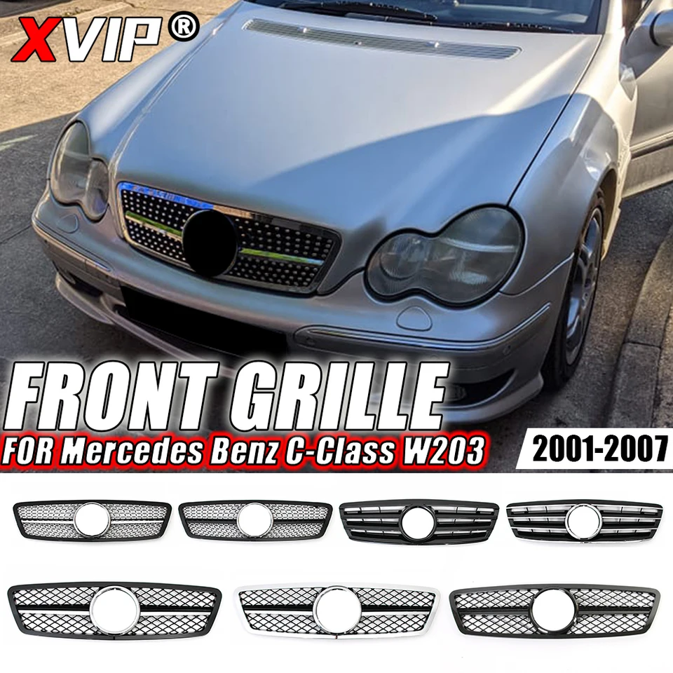 XVIP predné lesklé čierne diamanty v štýle prednej závodnej mriežky pre Mercedes Benz Class W203 2001-2007 C200 C240 ​​C280 Bumper Grille Grille