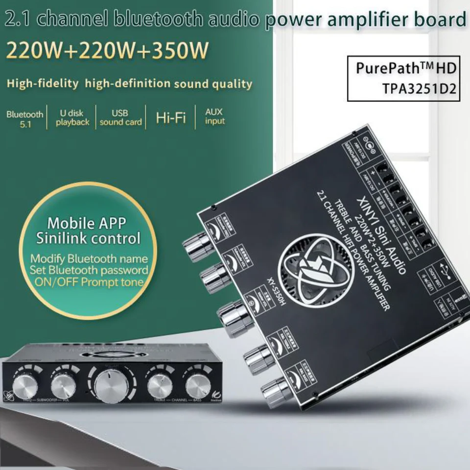 XY-S350H Control App Control 220WX2+350W Zosilňovacia doska TPA3251D2 2.1 Dual Channel Bluetooth kompatibilný 5.1+AUX+Zvuková karta USB+USB FLA