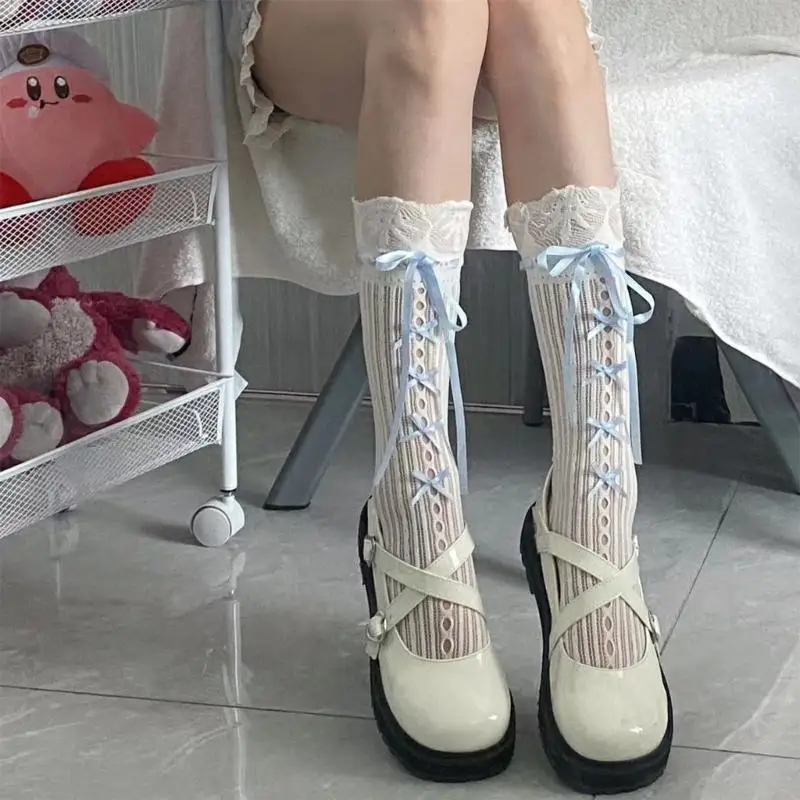 Y1AC baletné luky kravaty koleno dĺžka dlhé otvorené dielo Lacy Fishnet Sock pre dámske