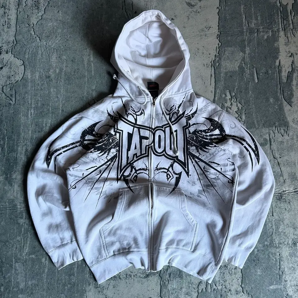 Y2K American Trendy Hip-Hop Gothic Pattern Logo tlačené biele zipsové mikiny Pánske voľné náhodné pullover Street Harajuku bunda