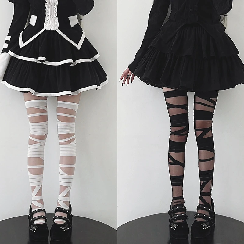 Y2k bandážové stehná vysoké pančuchy Ženy Sexy dievčatá ultra tenké priehľadné koleno vysoké ponožky jk lolita stehienky High ponožky pančuchy