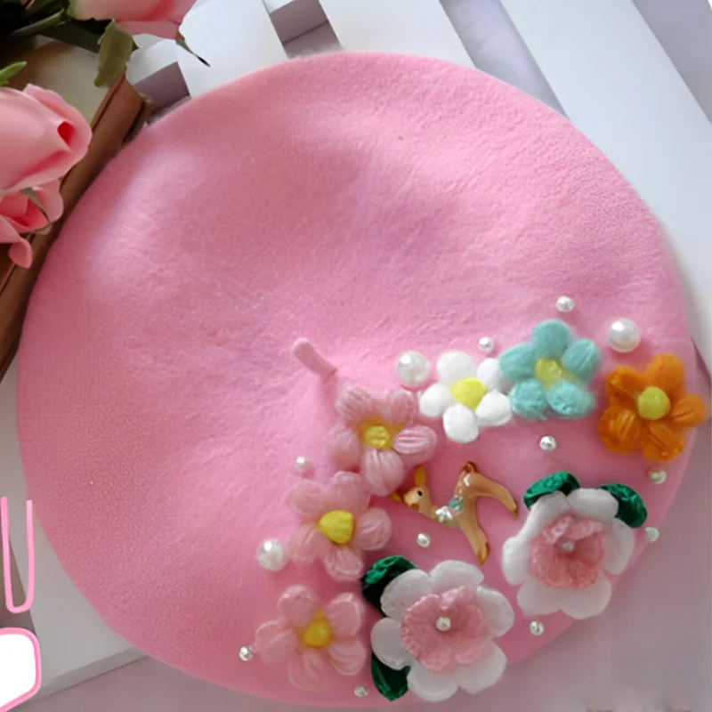 Y2K Beret Flower Pearl New Wool Woollen broskyňa sladký milostný umelec klobúk jar/leto ins vtipné dievča ružový baret